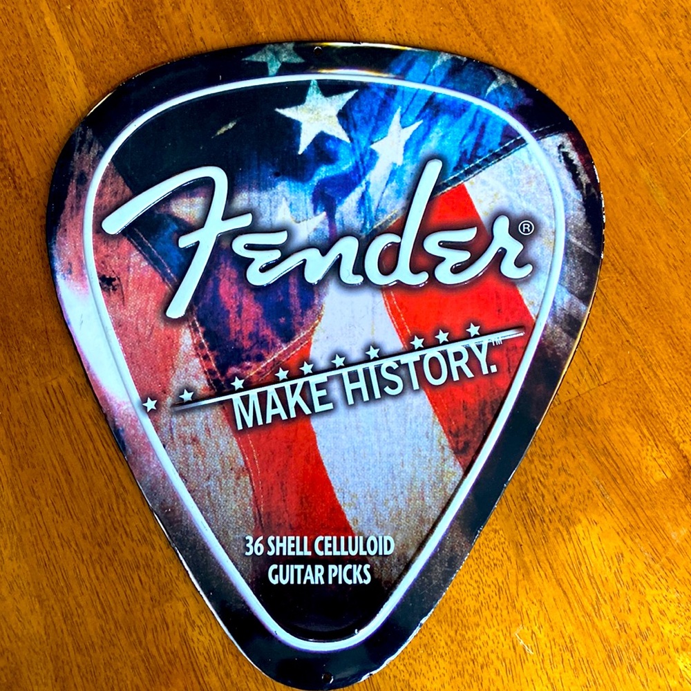 Fender Guitar Rare Aluminum Metal sign. Make History. American Flag background.